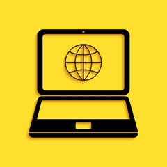 Black Globe on screen of laptop icon isolated on yellow background. Notebook computer with globe sign. Long shadow style. Vector.