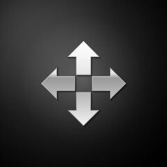 Silver Arrows in four directions icon isolated on black background. Long shadow style. Vector.