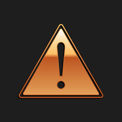 Gold Exclamation mark in triangle icon isolated on black background. Hazard warning sign, careful, attention, danger warning important sign. Long shadow style. Vector.