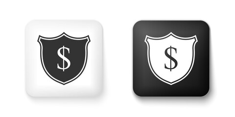 Black and white Shield and dollar icon isolated on white background. Security shield protection. Money security concept. Square button. Vector.