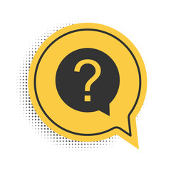 Black Question mark in circle icon isolated on white background. Hazard warning symbol. Help symbol. FAQ sign. Yellow speech bubble symbol. Vector.