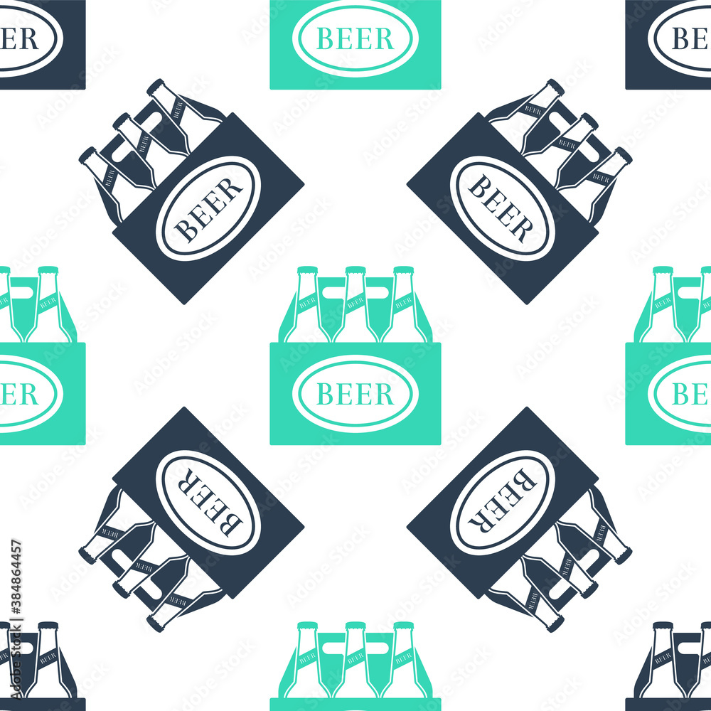 Poster green pack of beer bottles icon isolated seamless pattern on white background. case crate beer box s