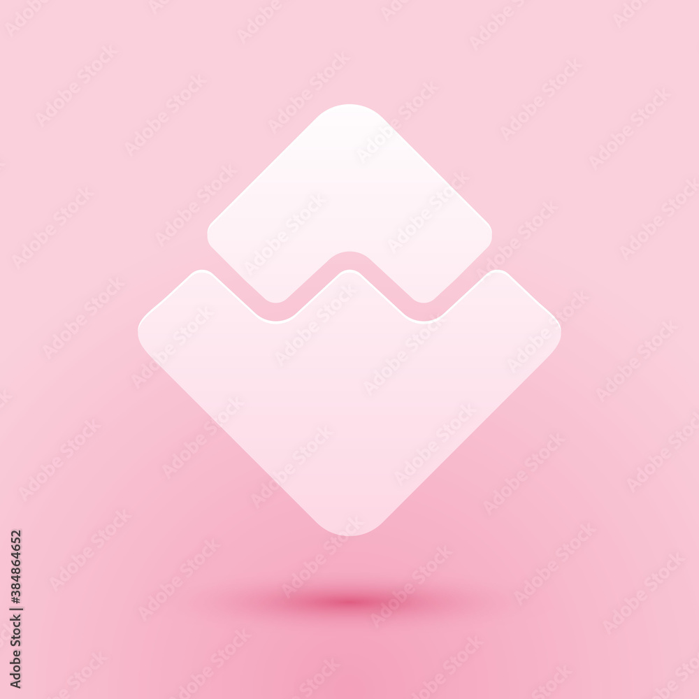 Poster paper cut cryptocurrency coin waves icon isolated on pink background. physical bit coin. digital cur