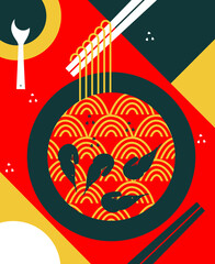 Vector dish of traditional Chinese cuisine menu design sauce, noodles, shrimp, Chinese sticks. Asian food concept, top view, place for text. Red black yellow print