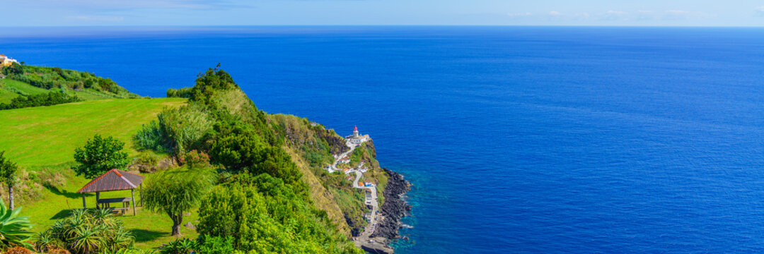 The Lighthouse Ponta do Arnel near Nordeste town in Sao Miguel, panorama