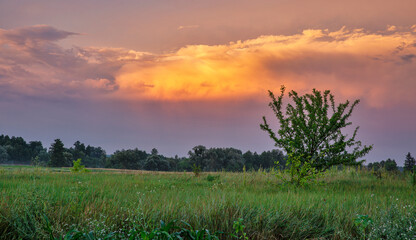 Dramatic sunset rural landscape in Central Ukraine.