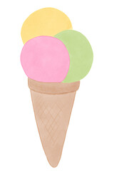 three colored ice cream balls in a cone