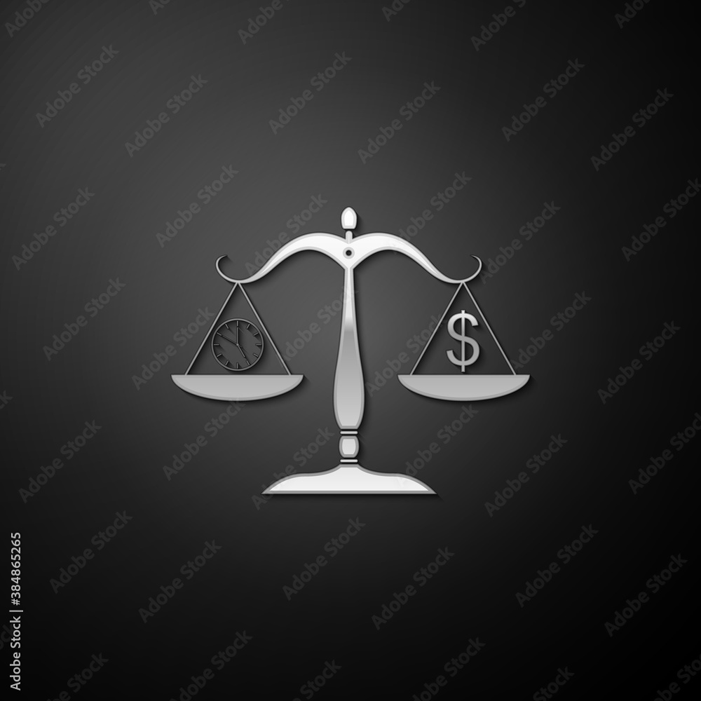 Poster silver scale weighing money and time icon isolated on black background. scales with hours and a coin