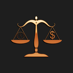 Gold Scale weighing money and time icon isolated on black background. Scales with hours and a coin. Balance between work and the given time. Long shadow style. Vector.