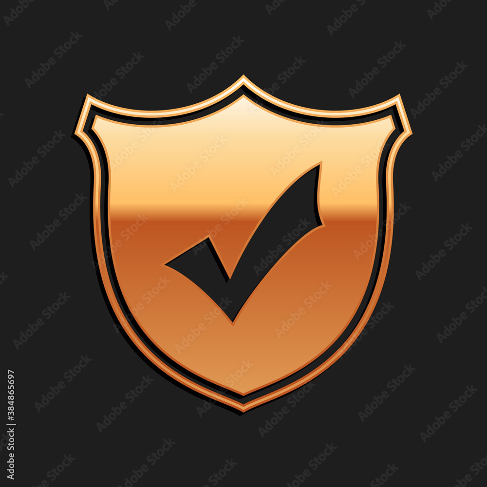 Poster gold shield with check mark icon isolated on black background. long shadow style. vector.