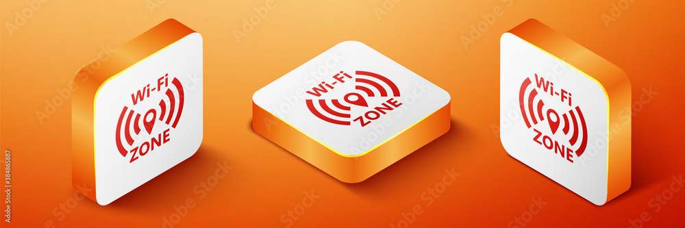Poster isometric wi-fi wireless internet network symbol icon isolated on orange background. orange square b