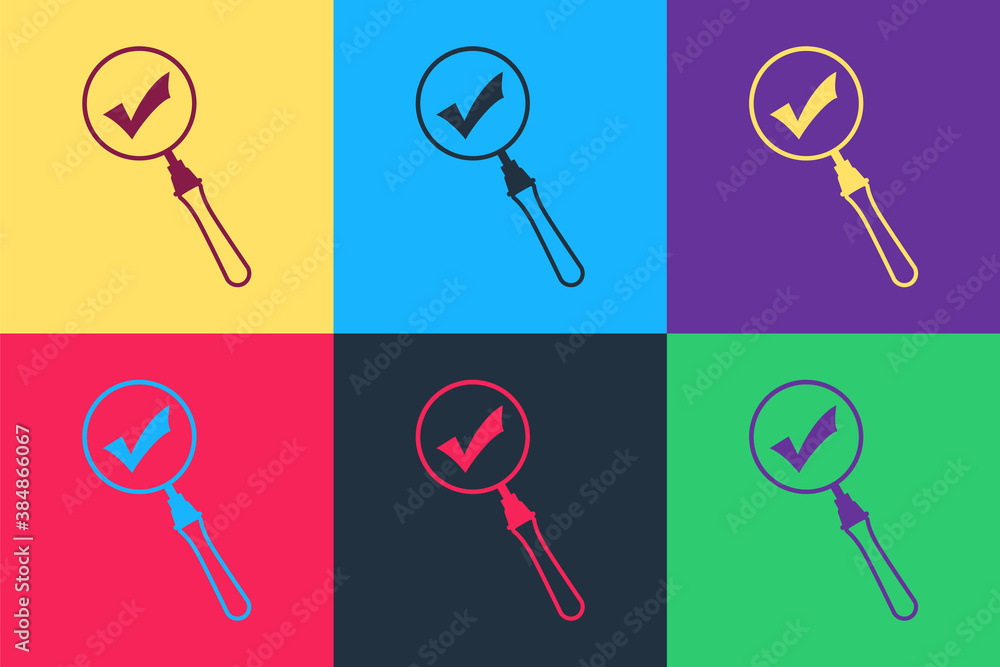 Poster pop art magnifying glass and check mark icon isolated on color background. magnifying glass and appr