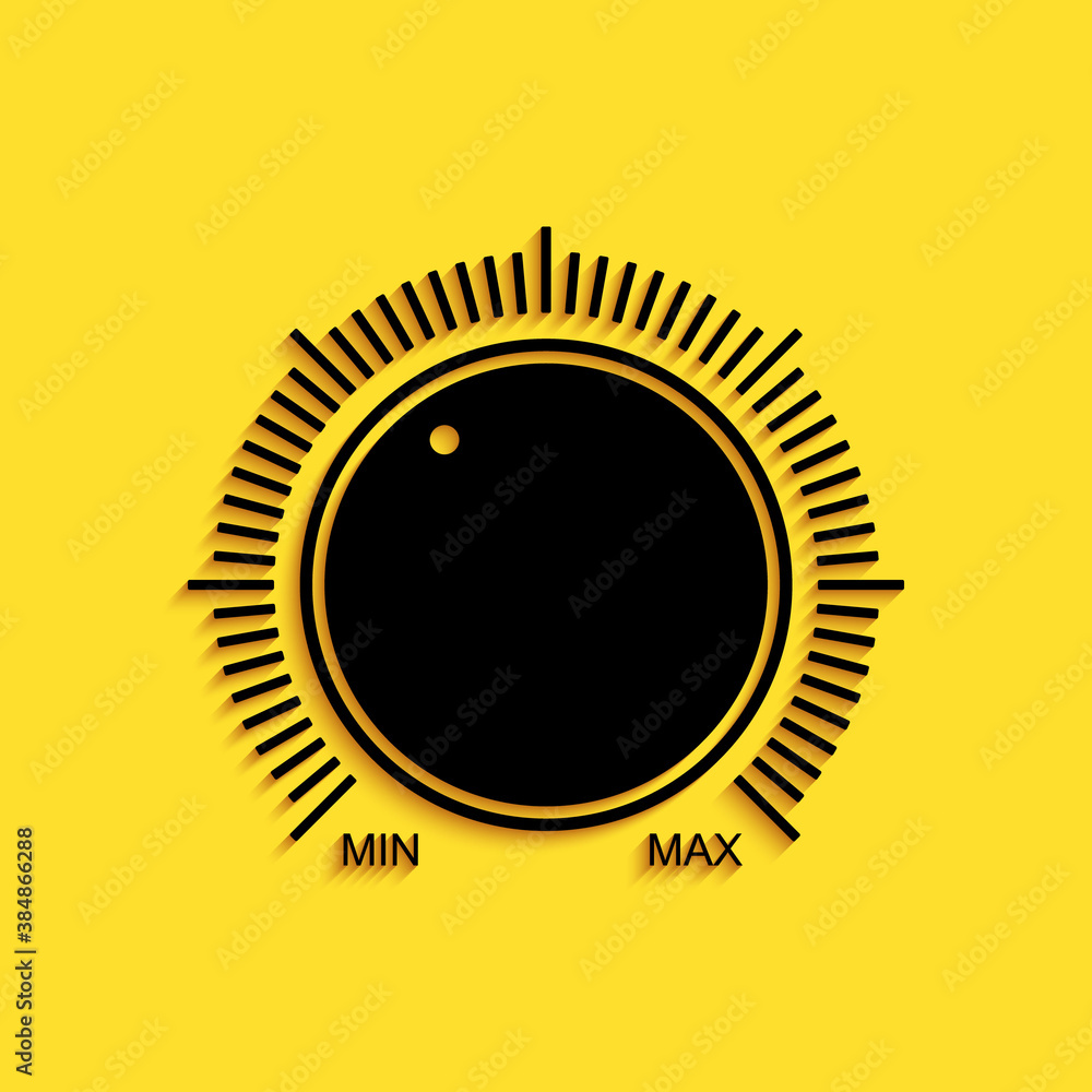 Poster black dial knob level technology settings icon isolated on yellow background. volume button, sound c