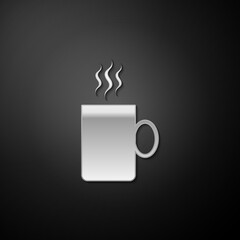 Silver Coffee cup flat icon isolated on black background. Tea cup. Hot drink coffee. Long shadow style. Vector.