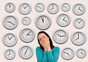 Tired and exhausted mature woman covering her face with hands and a lot of clocks around her head....
