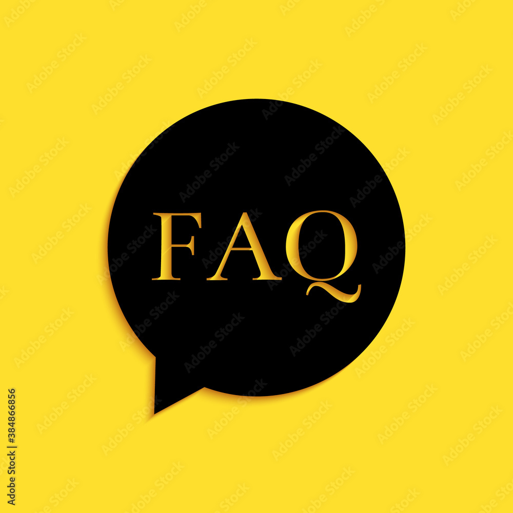 Poster black speech bubble with text faq information icon isolated on yellow background. circle button with