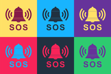 Pop art Alarm bell and SOS lettering icon isolated on color background. Warning bell, help sign. Emergency SOS button. Vector.