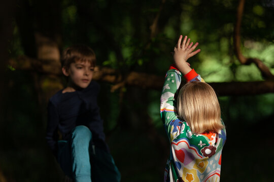 A bother and sister play in the forest at dusk.