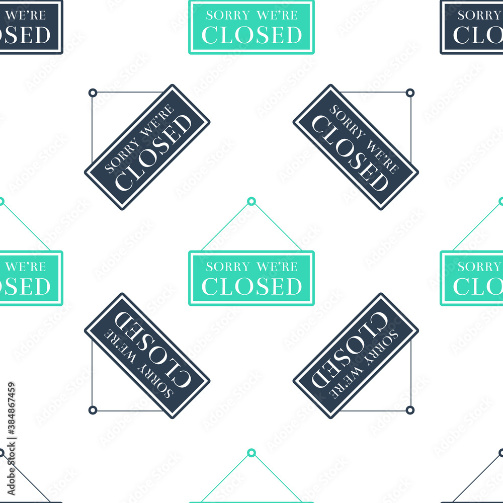 Poster green hanging sign with text sorry we're closed icon isolated seamless pattern on white background. 