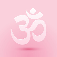 Paper cut Om or Aum Indian sacred sound icon isolated on pink background. The symbol of the divine triad of Brahma, Vishnu and Shiva. Paper art style. Vector.