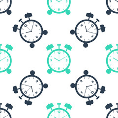 Green Alarm clock icon isolated seamless pattern on white background. Wake up, get up concept. Time sign. Vector.