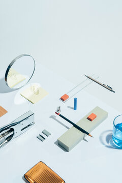 BORED AT OFFICE""-part I -white series /Office supplies / objects-abstract set ups.