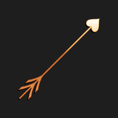 Gold Cupid arrow heart, Valentines Day cards icon isolated on black background. Long shadow style. Vector.