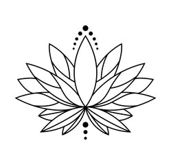 Lotus icon. Monochrome blooming flower. Black linear petals of plant on white background. Blossom, aquatic plant vector element for web. Coloring style