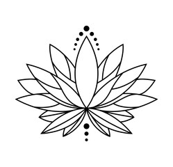 Lotus icon. Monochrome blooming flower. Black linear petals of plant on white background. Blossom, aquatic plant vector element for web. Coloring style