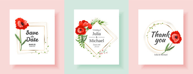 Botanical wedding invitation card template design, red and pink poppy flowers and leaves. Minimalist vintage style. Template set for invitation cards, wedding, banners design
