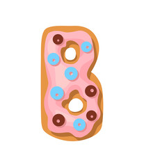 Cartoon cookies font. Confectioners stylized capital letter B. Vector english ABC baking in colored glaze. Creative gingerbread alphabet design. Childhood sweet biscuit and doughnut