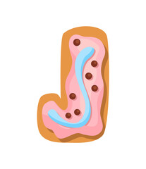 Cartoon cookies font. Confectioners stylized capital letter J. Vector english ABC baking in colored glaze. Creative gingerbread alphabet design. Childhood sweet biscuit and doughnut