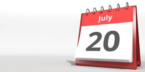 July 20 date on the flip calendar page, 3d rendering