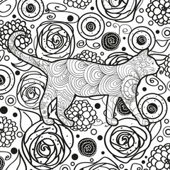 Square pattern with zen cat. Hand drawn abstract background. Design for spiritual relaxation for adults. Black and white illustration