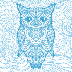 Square intricate pattern. Hand drawn owl on mandala. Design for spiritual relaxation for adults