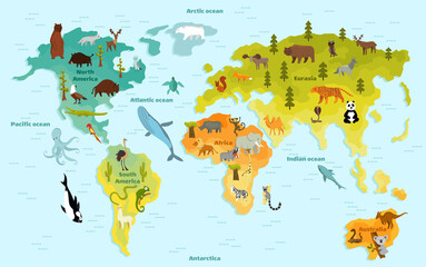 Funny cartoon animal world map for children with the continents, oceans and lot of funny animals. Vector illustration for preschool education in kids design. Cartoon animals for kids - obrazy, fototapety, plakaty