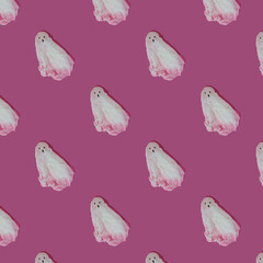 seamless halloween pattern, white ghosts on pink background, background for designers.