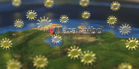 Sunny weather icons near Maracaibo city on the map, weather forecast related 3D rendering