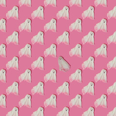 seamless pattern with ghosts on pink background, flat lay, template for designer, halloween card