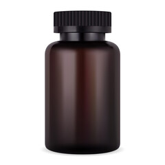 Amber supplement bottle. Brown jar for pill or tablet. Realistic plastic medicine package mockup. Pharmacy container template for remedy tablet product. Vector illustration, no label or logo