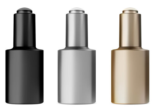 Serum bottle with dropper. Face treatment oil vial. Black, golden and silver eyedropper flask mock up for liquid essential treatment. Eging collagen pot