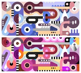 Türaufkleber Zwei Designoptionen im geometrischen Stil mit verschiedenen Musikinstrumenten. Abstrakte Kompositionen aus Gitarren, Trompete, Saxophon und geometrischen Formen. ©  danjazzia