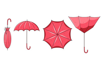 Cute hand drawn vector collection of opened, closed and upturned umbrellas isolated on white background. Graphic elements for package, wrapping paper, print, card, fabric, label, advertising, textile.