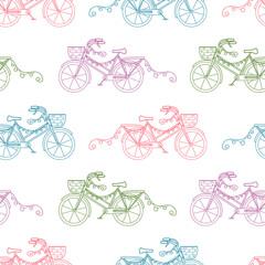 Seamless pattern with cute hand drawn bicycle with garland and basket. Colorful vector line objects on white background. For kids room decor, print, poster, fabric, wallpaper, wrapping paper, textile.