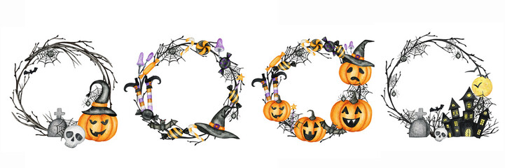 Happy Halloween holiday party Frame set with Jack O' Lantern pumpkins, bat, spider, Halloween Town, skull, candy sweets party decorations. Watercolor Cartoon illustration isolated on white background