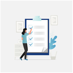 Vector girl, woman fills out questionnaire, answers questions, ticks off online on Internet on sites, applications. Passing an online questionnaire at home or in office. Choosing right answer.