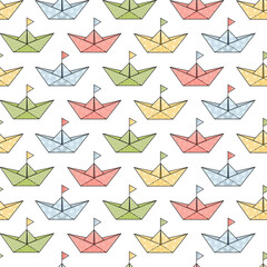 Seamless vector pattern with cute hand drawn paper ships. Fun colorful background for card, print, poster, advertising, fabric, wallpaper, banner, textile, web.