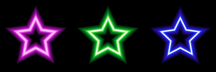 Set of three neon stars. Luminous elements for your design. Pink, blue, green colors