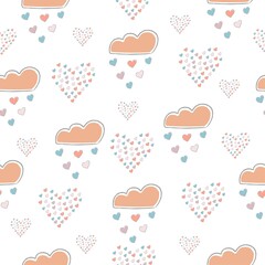 Seamless Cute Pattern with clouds raining with hearts and grouped mosaic hearts on white background
