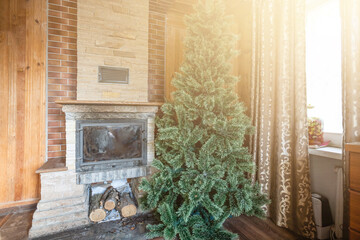 Christmas interior rustic, christmas tree in an old wooden house